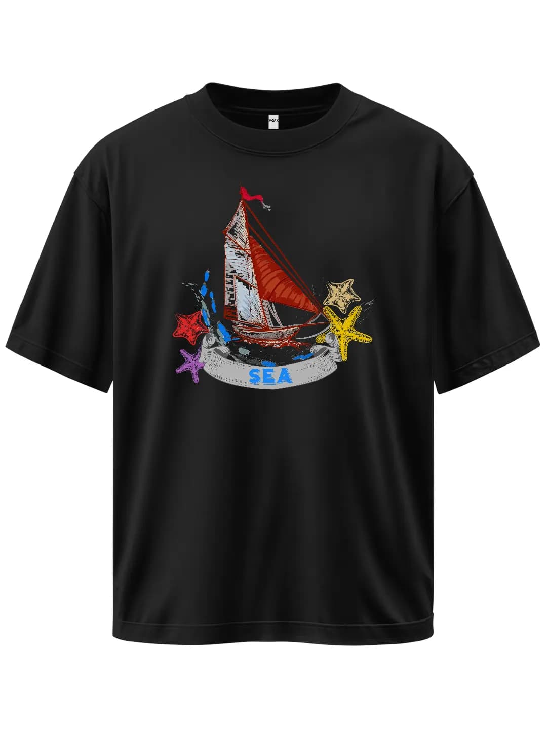 Oversize Starfish Sailboat Printed Design T-Shirt 1