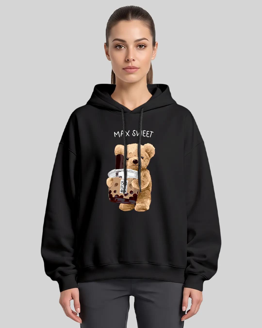 Max Sweet Bubble Tea Ayı Baskılı Oversize Boxy Fit Hoodie 1