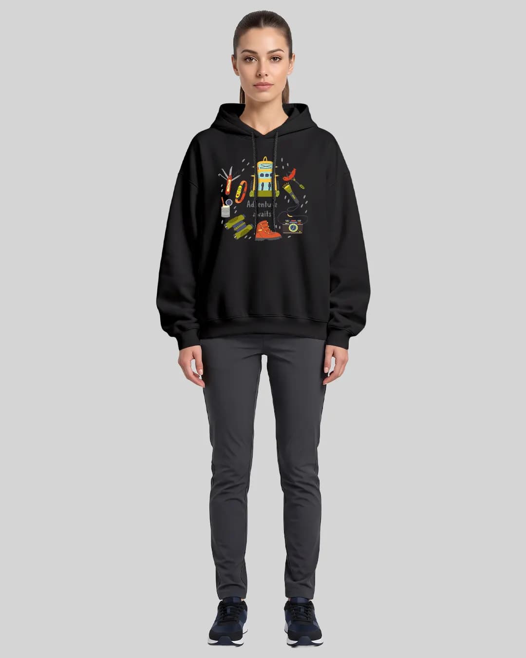 Adventure Waits Tasarımlı Oversize Boxy Fit Hoodie 1