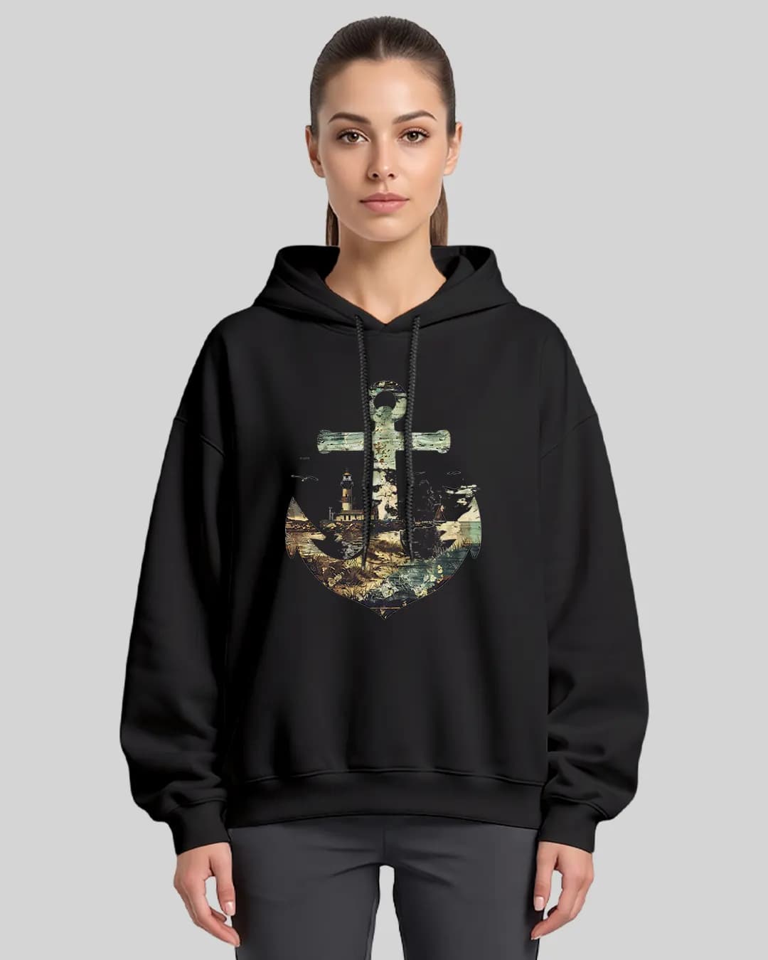 Deniz Feneri Çıpa Tasarımlı Oversize Boxy Fit Hoodie 1