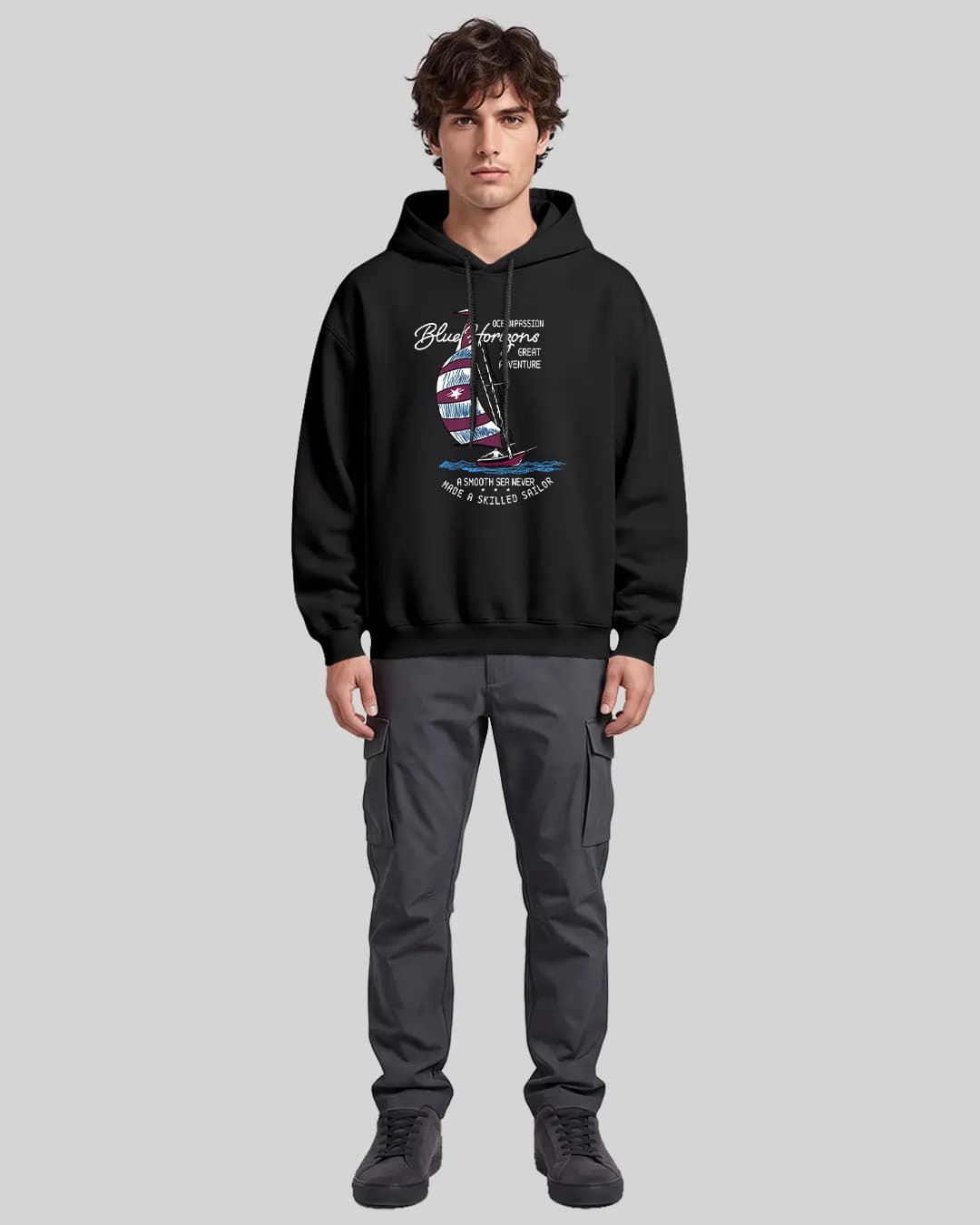 Yelkenli Mavi Ufuk Tasarımlı Oversize Boxy Fit Hoodie 1